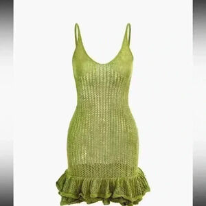 Open knit ruffle hem cam mini dress. 
Color green.
Size medium.